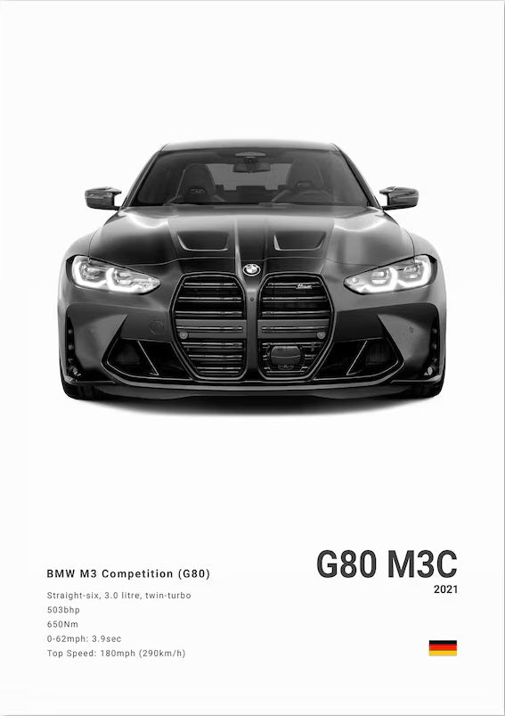 BMW M3 Competition G80 car poster | Wall Art for your interior decoration Euro Premium Parts Light 12" by 18"