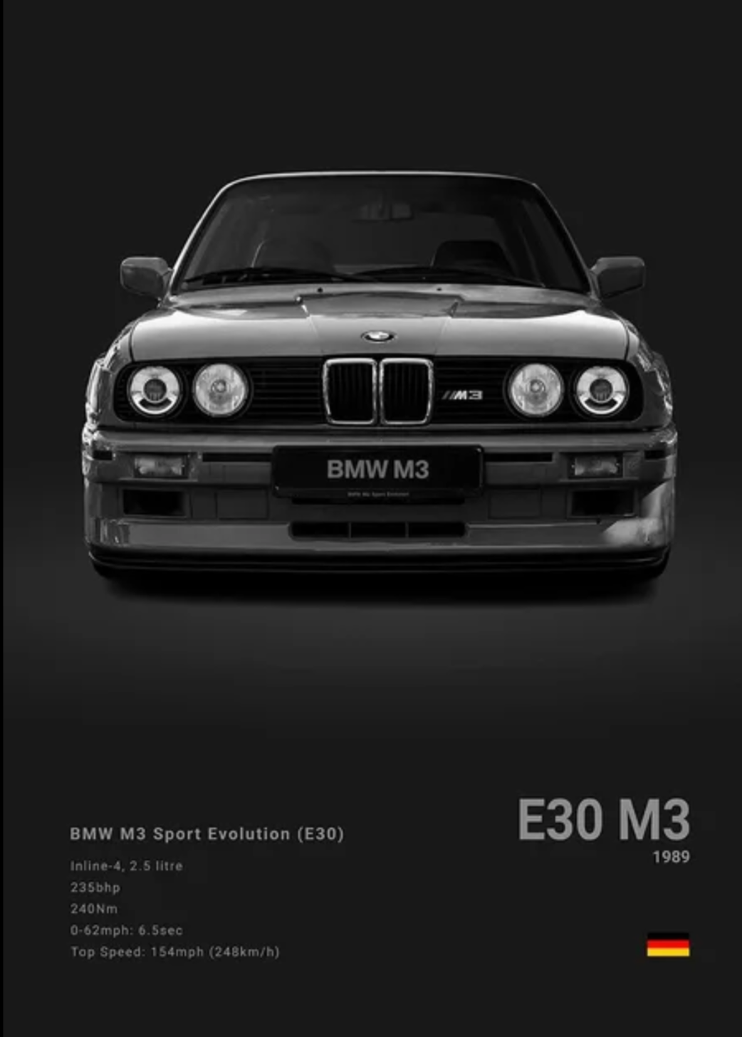 BMW M3 E30 car poster | Wall Art for your interior decoration Euro Premium Parts Dark 12" by 18"