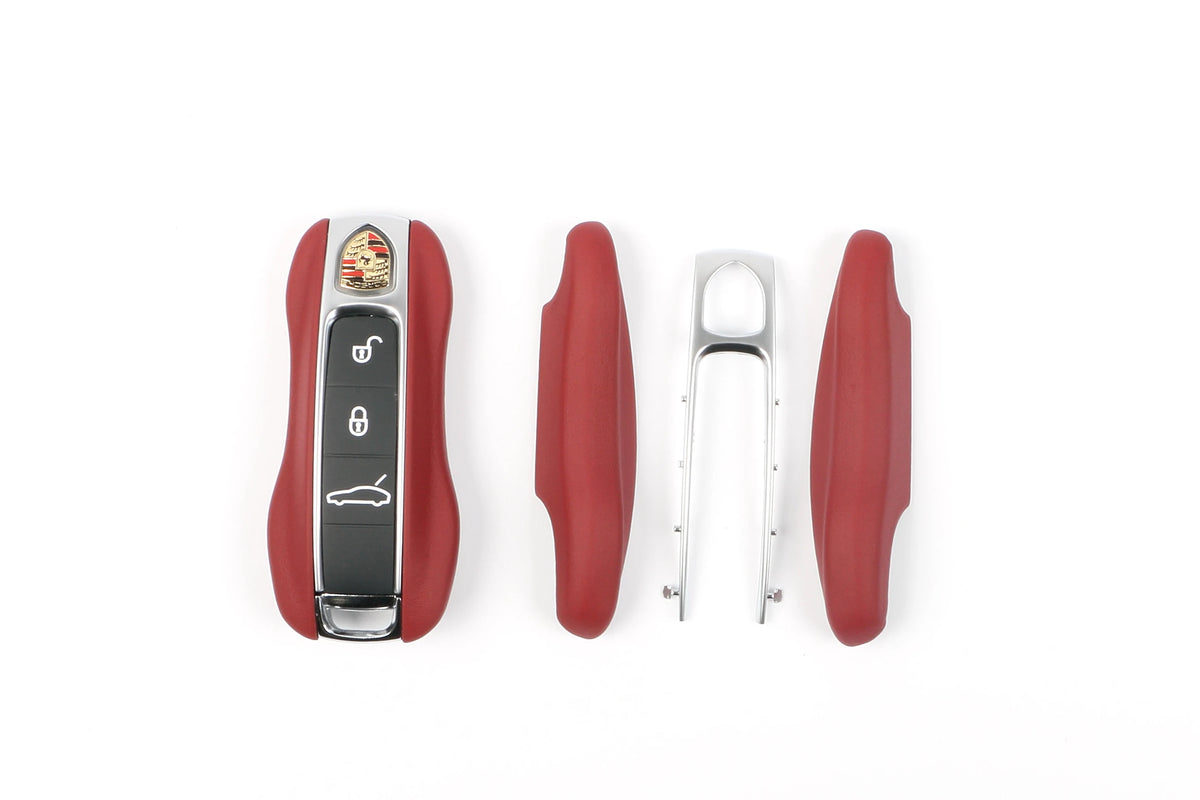 Leather Porsche Key Case – Protective Key Fob Cover For Porsche Cayenne Panamera Macan 911 Cayman Boxster Key Cases Euro Premium Parts Dark Red B