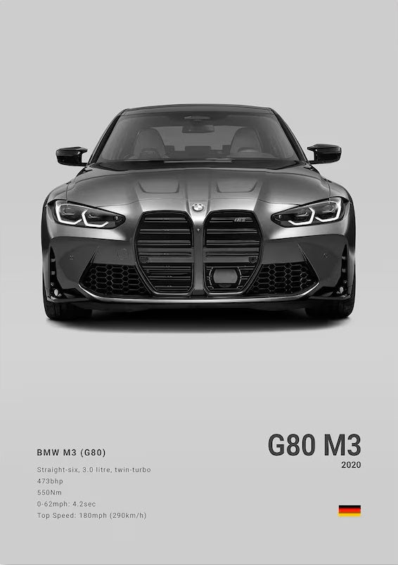 BMW M3 G80 car poster | Wall Art for your interior decoration Euro Premium Parts Gray 12" by 18"