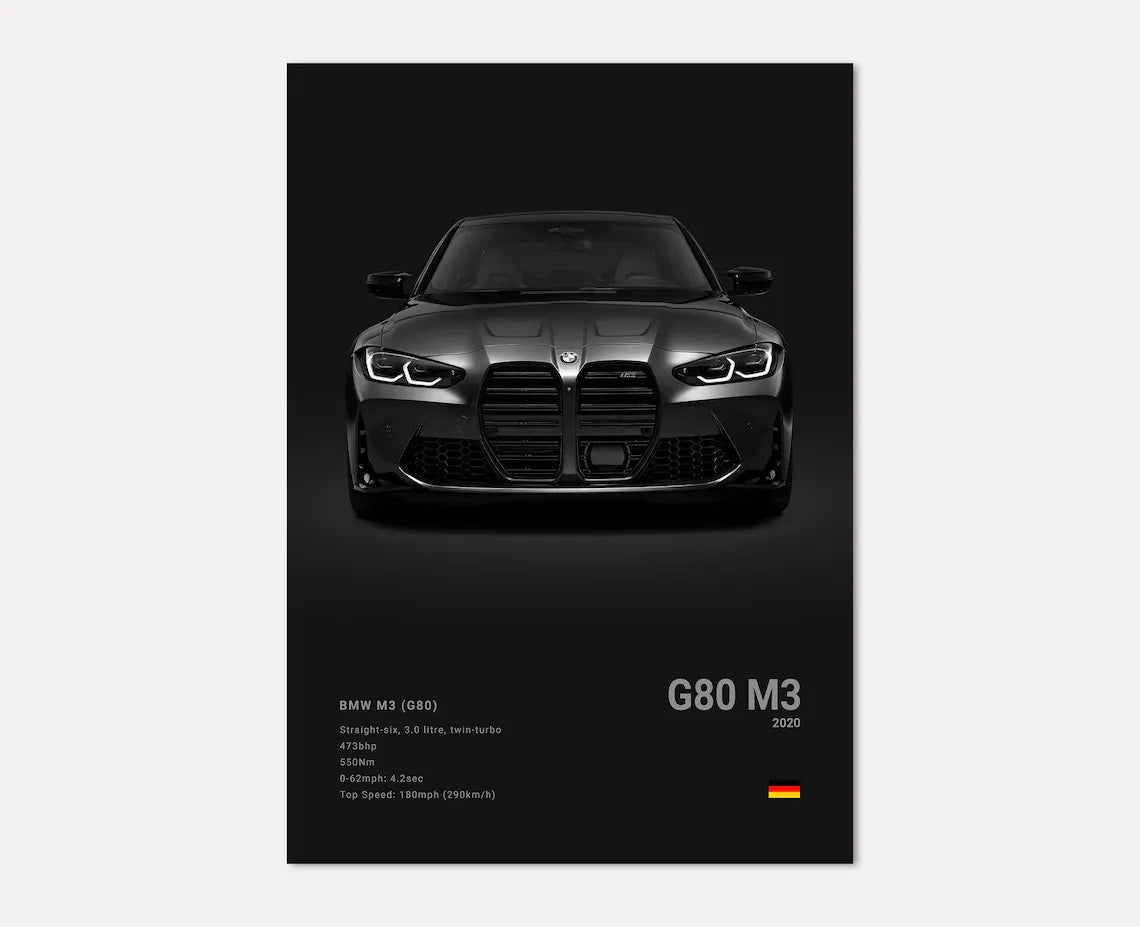 BMW M3 G80 car poster | Wall Art for your interior decoration Euro Premium Parts Dark 12" by 18"